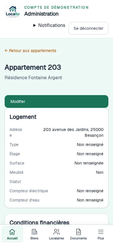 Fiche d’un appartement dans Locallo sur téléphone, avec des données de démonstration.